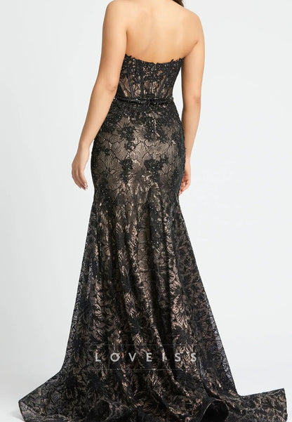 Black Embellished Strapless Sweetheart Trumpet Gown