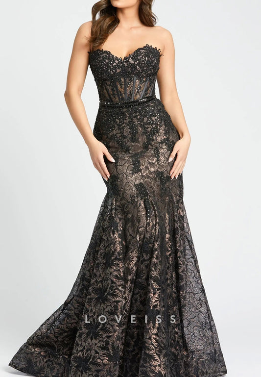 Black Embellished Strapless Sweetheart Trumpet Gown