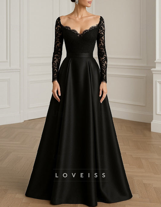 Black Off-The-Shoulder Lace And Satin Maxi Dress