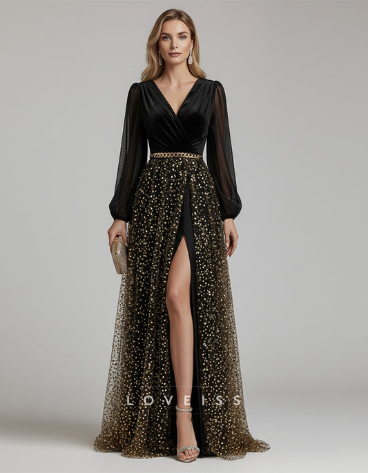 Black Velvet Chiffon Splicing Maxi Dress