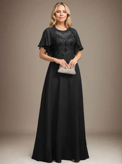 A-line Scoop Illusion Floor-Length Lace Chiffon Mother of the Bride Dress With Sequins