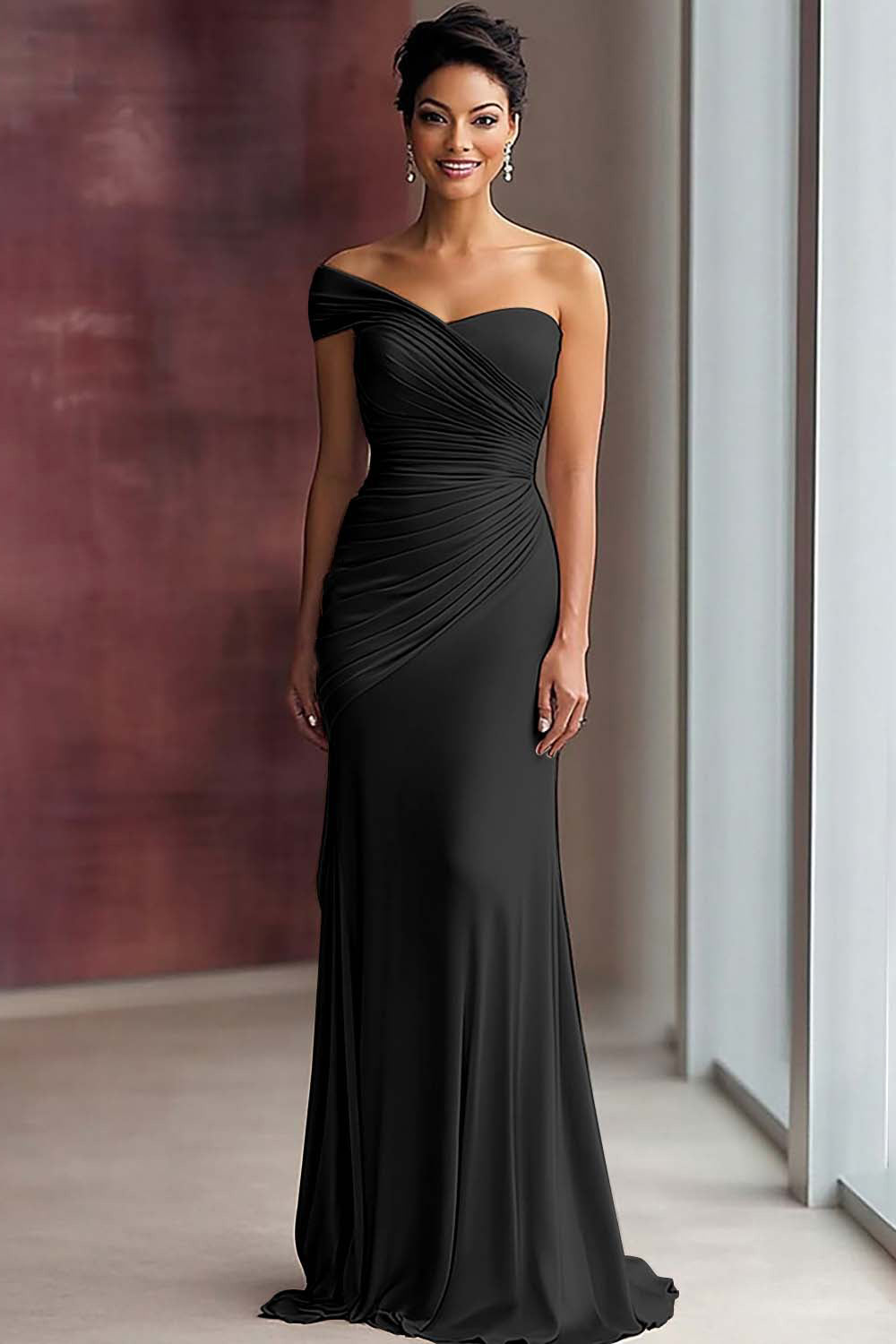 Light Khaki Jersey Sheath One Shoulder Pleated Gala Dress