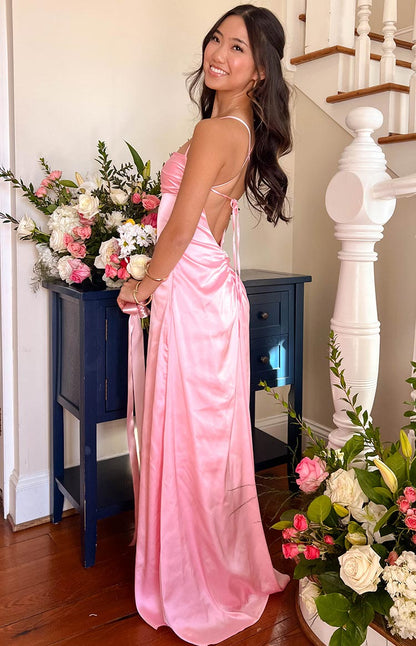 pink satin floor length dress Pink Satin Long Prom Dresses, Pink Satin Long Formal Graduation Dresse jbydress