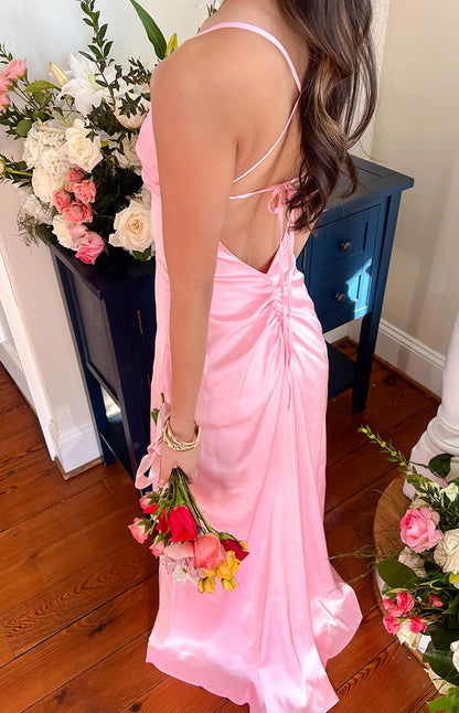 Pink Satin Maxi Prom Dress