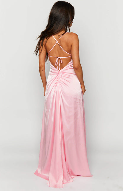 Pink Satin Maxi Prom Dress