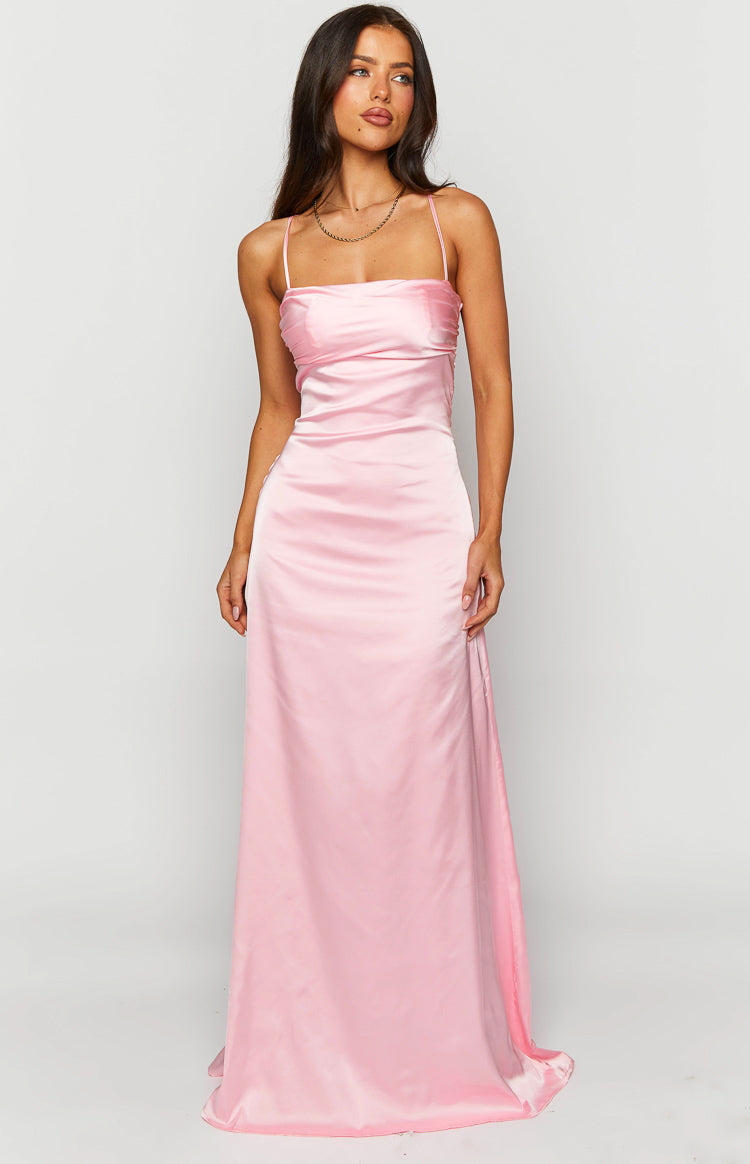 light pink satin prom dress Lace-Bodice Long Satin Prom Dress with Open Back Light Pink / 8