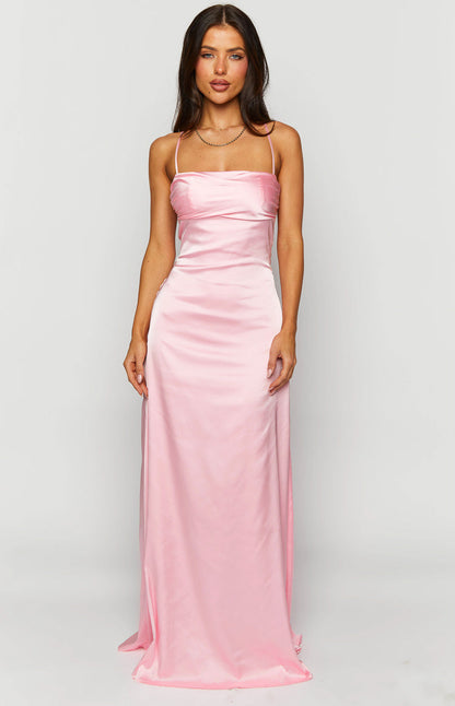 Pink Satin Maxi Prom Dress