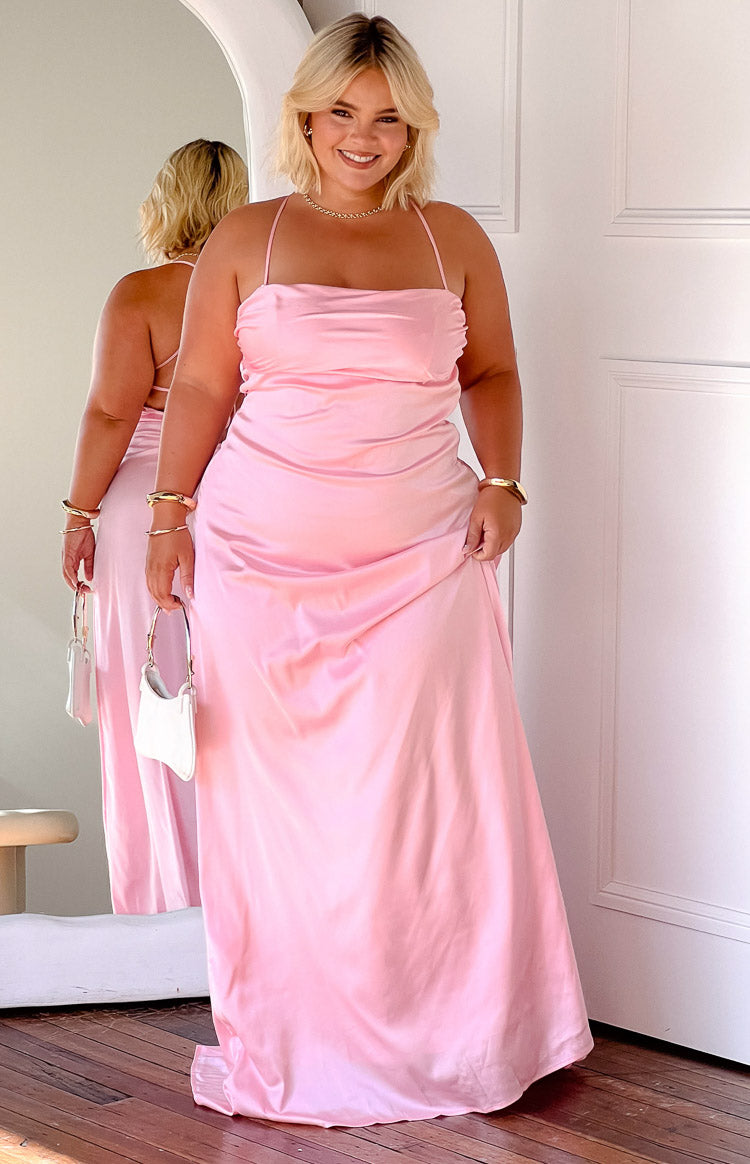 Pink Satin Maxi Prom Dress