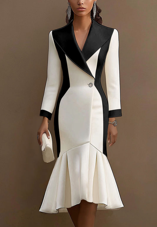 Blazer Long Sleeves Flow White Black Bussiness Work Midi Dress