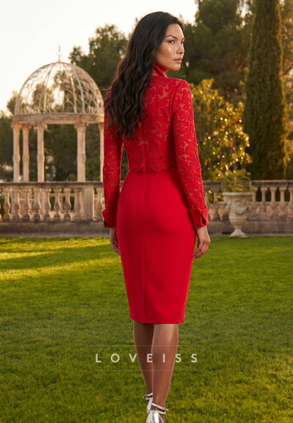 Blazer Long Sleeves Lace Appliques Sheath Mother of Bride Dress