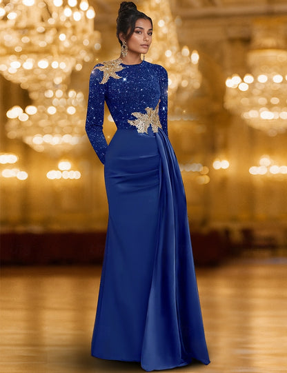 Long Sleeve Crew Neck Champagne Mother Of the Bride Dress Satin with Glitter