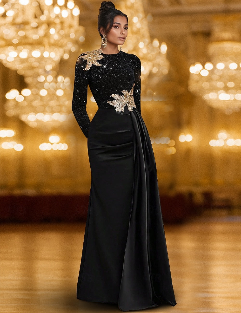 Long Sleeve Crew Neck Champagne Mother Of the Bride Dress Satin with Glitter