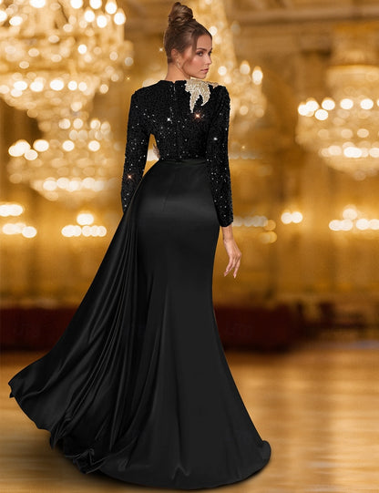 Long Sleeve Crew Neck Champagne Mother Of the Bride Dress Satin with Glitter