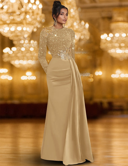 Long Sleeve Crew Neck Champagne Mother Of the Bride Dress Satin with Glitter