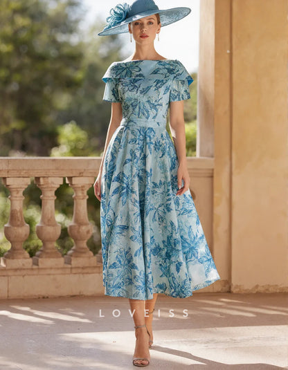 Blue Satin Print Midi Dress