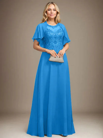 A-line Scoop Illusion Floor-Length Lace Chiffon Mother of the Bride Dress With Sequins