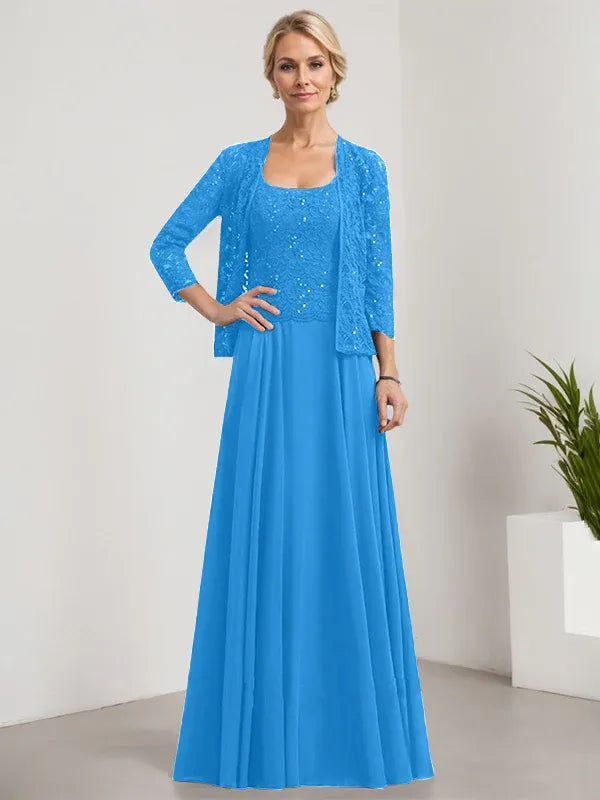 A-line Square Floor-Length Lace Chiffon Mother of the Bride Dress With Sequins