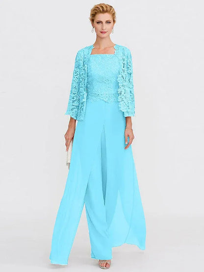 3 Piece Chiffon Square Neck Mother of the Bride Pantsuits with Jacket
