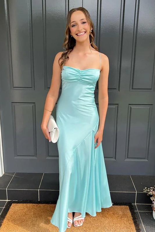 Blue Satin Spaghetti Straps Sheath Long Prom Dress