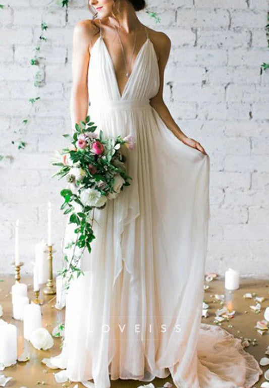 Boho V-Neck Backless Pleated Flowy Wedding Dress