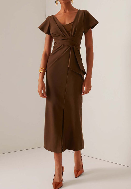 Brown Ruched Short Sleeve A-Line Midi Dress