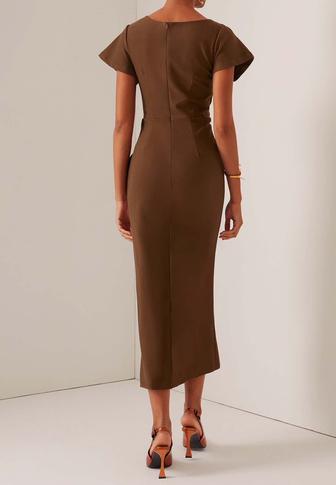 Brown Ruched Short Sleeve A-Line Midi Dress