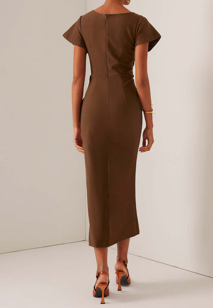 Brown Ruched Short Sleeve A-Line Midi Dress