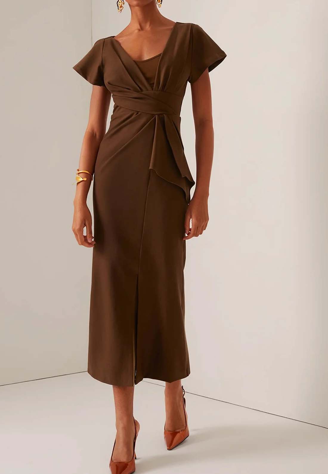 Brown Ruched Short Sleeve A-Line Midi Dress