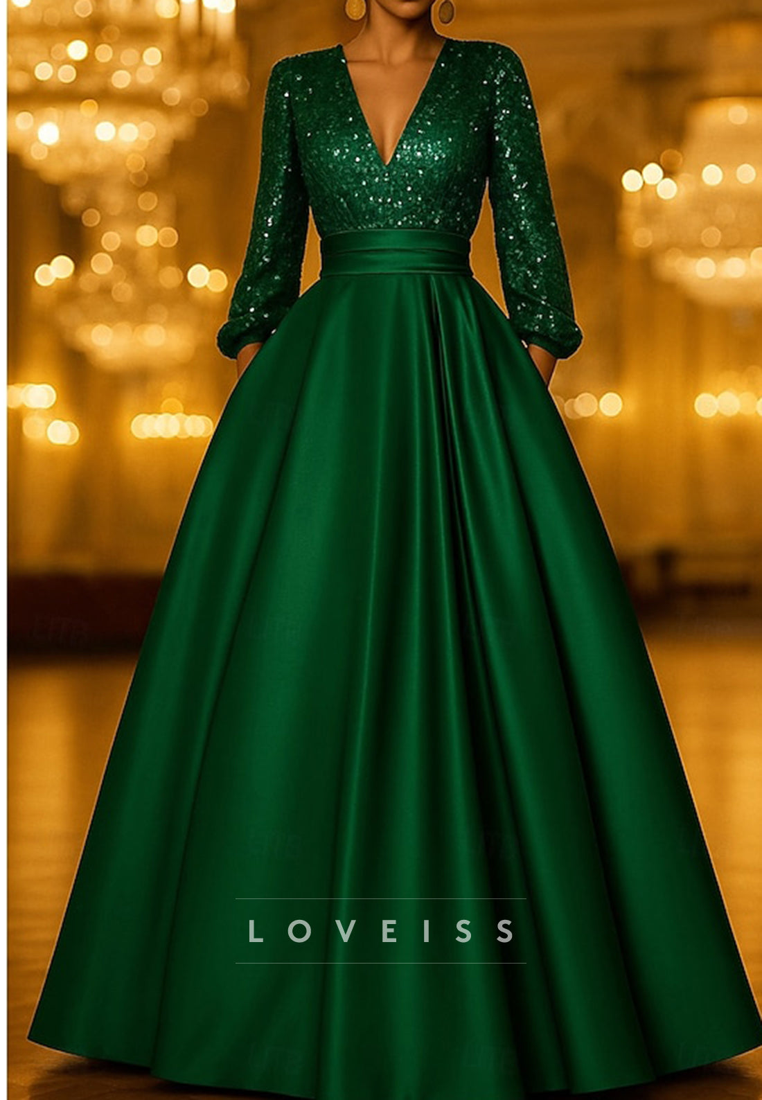 Brush Train Ball Gown Formal V-Neck Long Sleeves A-Line Evening Gown