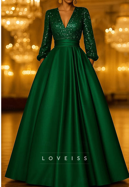 Brush Train Ball Gown Formal V-Neck Long Sleeves A-Line Evening Gown