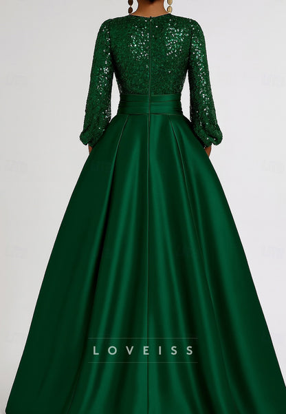 Brush Train Ball Gown Formal V-Neck Long Sleeves A-Line Evening Gown