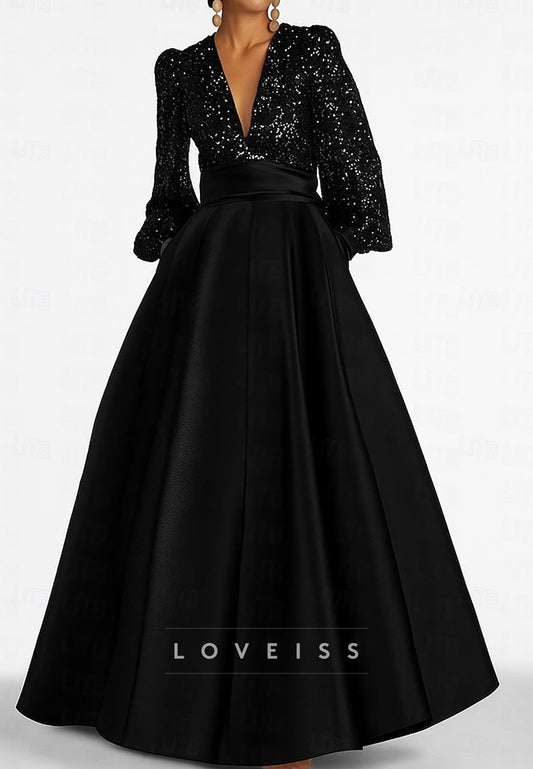 Brush Train Ball Gown Formal V-Neck Long Sleeves A-Line Evening Gown