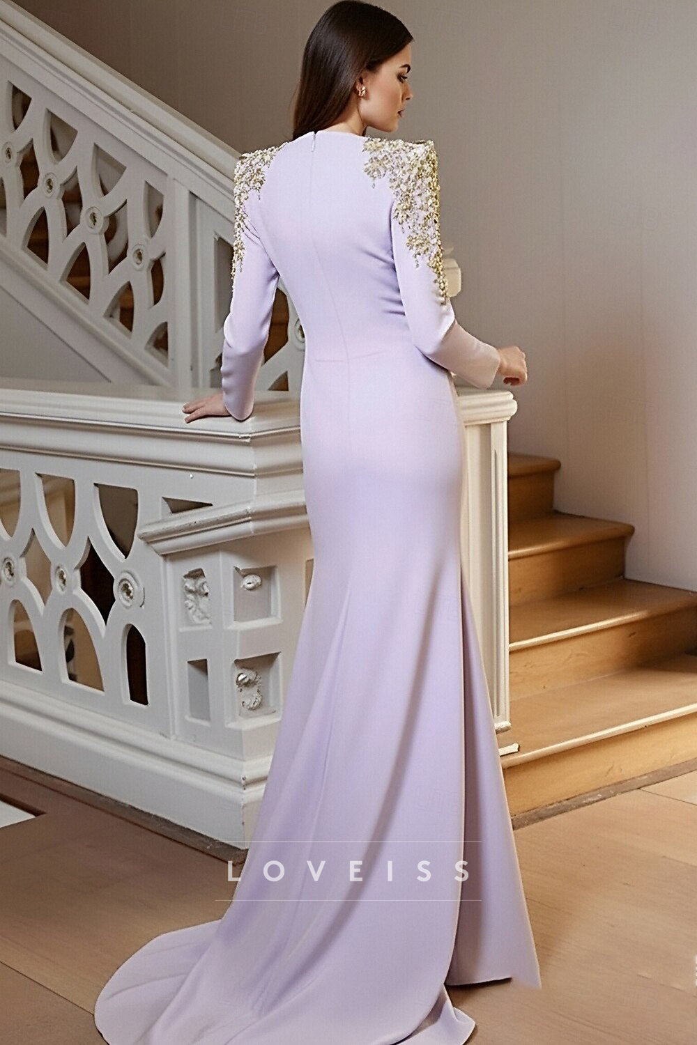 Brush Train Evening Gown Elegant Sparkle Long Sleeve V Neck Wedding Formal