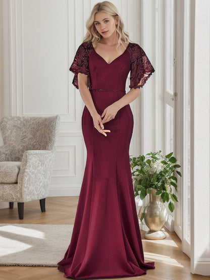 Weitese Sexy V Neck Maxi Bodycon Evening Dress with Flare Sleeves