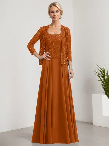 A-line Square Floor-Length Lace Chiffon Mother of the Bride Dress With Sequins