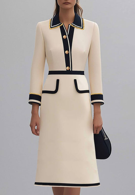 Business Chic Blazer Dress Lapel Pearl Fake Pocket A-Line Work Suit
