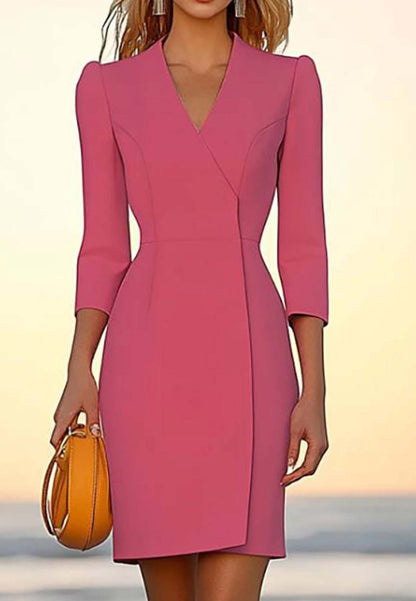 Business Semi-Formal Dress Pink V-Neck Long Sleeve Mini Dress