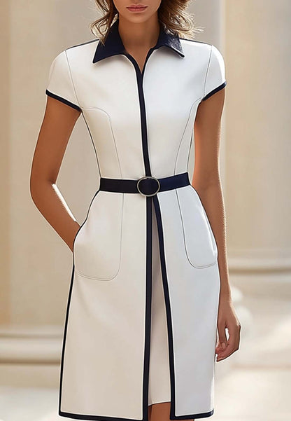 Business Semi-Formal Dress White Black Trim Lapel Pocket Slit Mini Dress