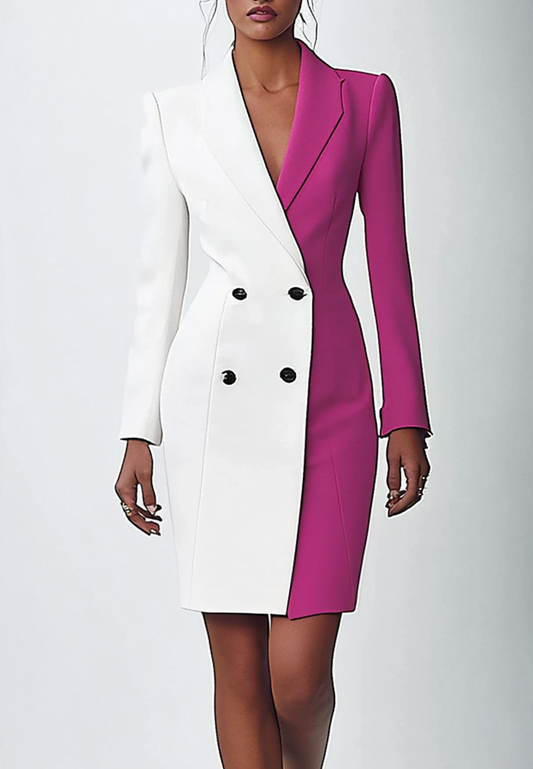 Business Work Blazer Dress Fuchsia White Long-Sleeve Midi Dress