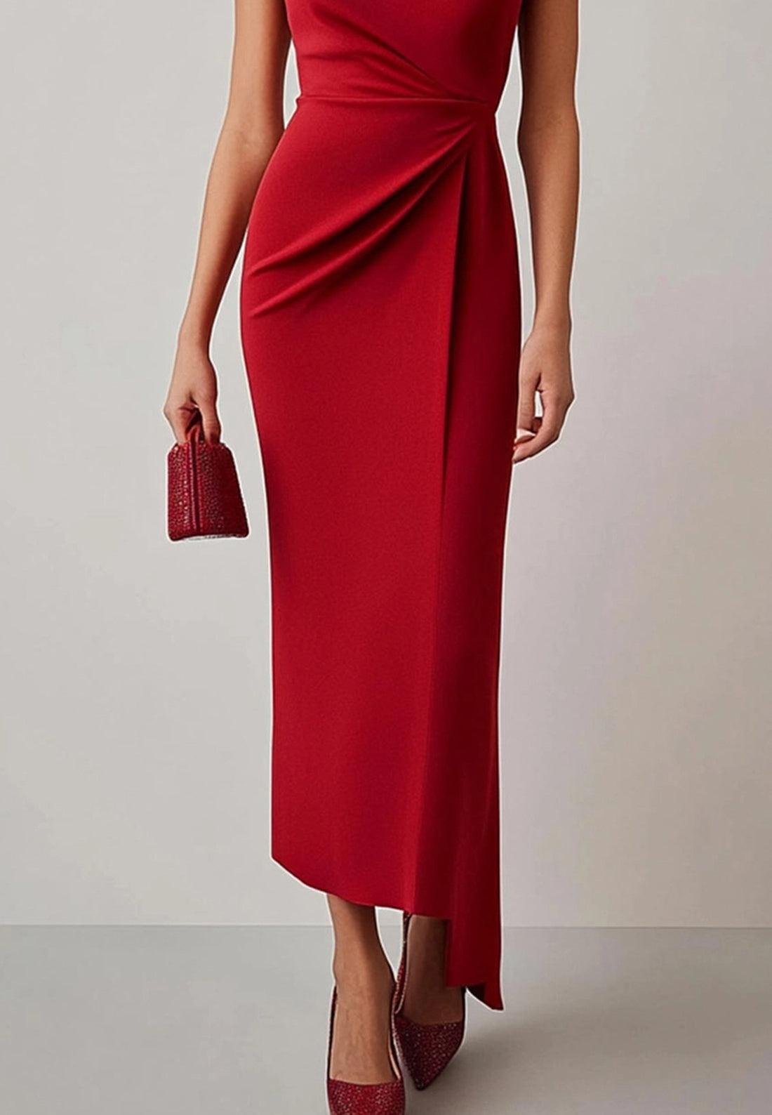Business Work Red Dress Crew Neck Pleat Midi Dress