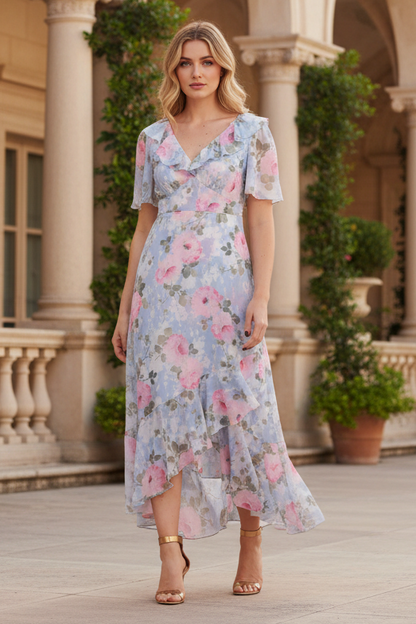 V-Neck Chiffon V-Neck Ankle Gown