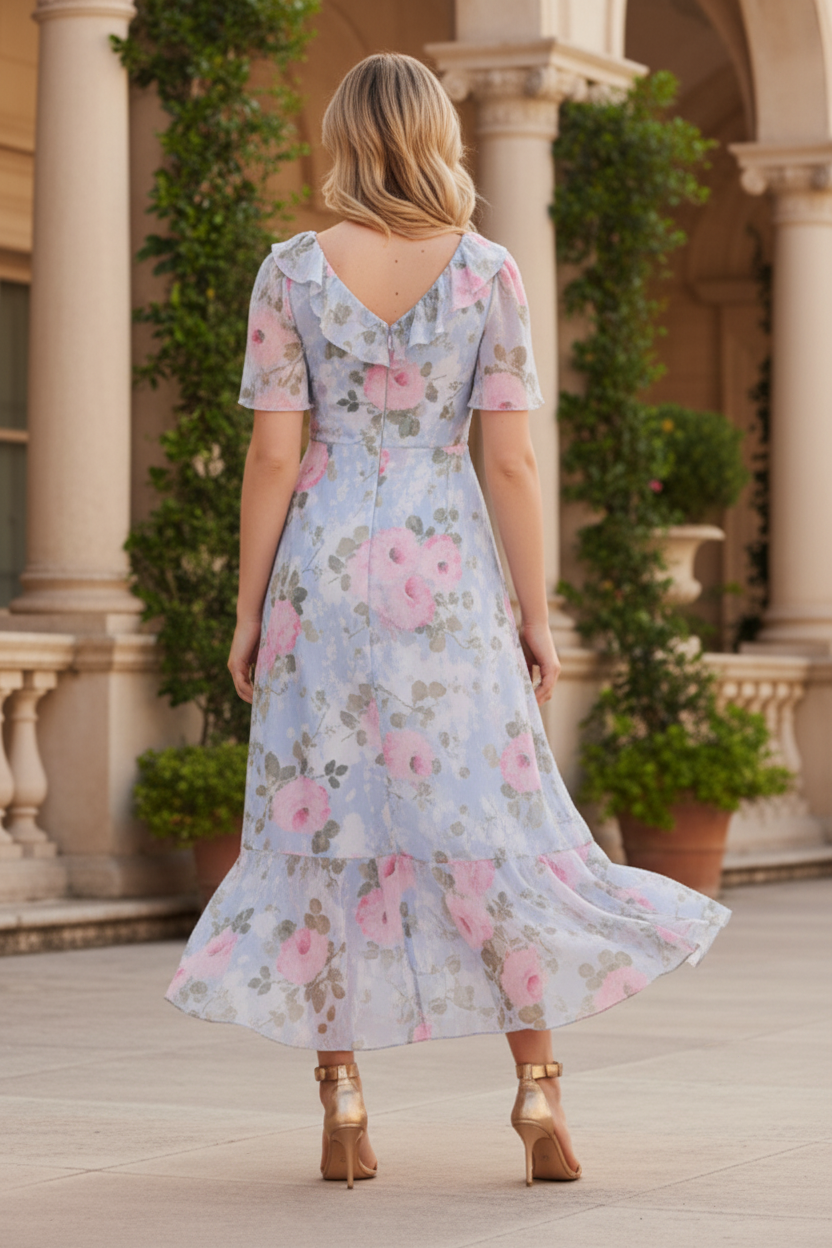 V-Neck Chiffon V-Neck Ankle Gown
