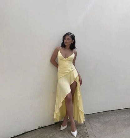 Yellow High-Low Spaghetti Straps Prom Dress Party Dress