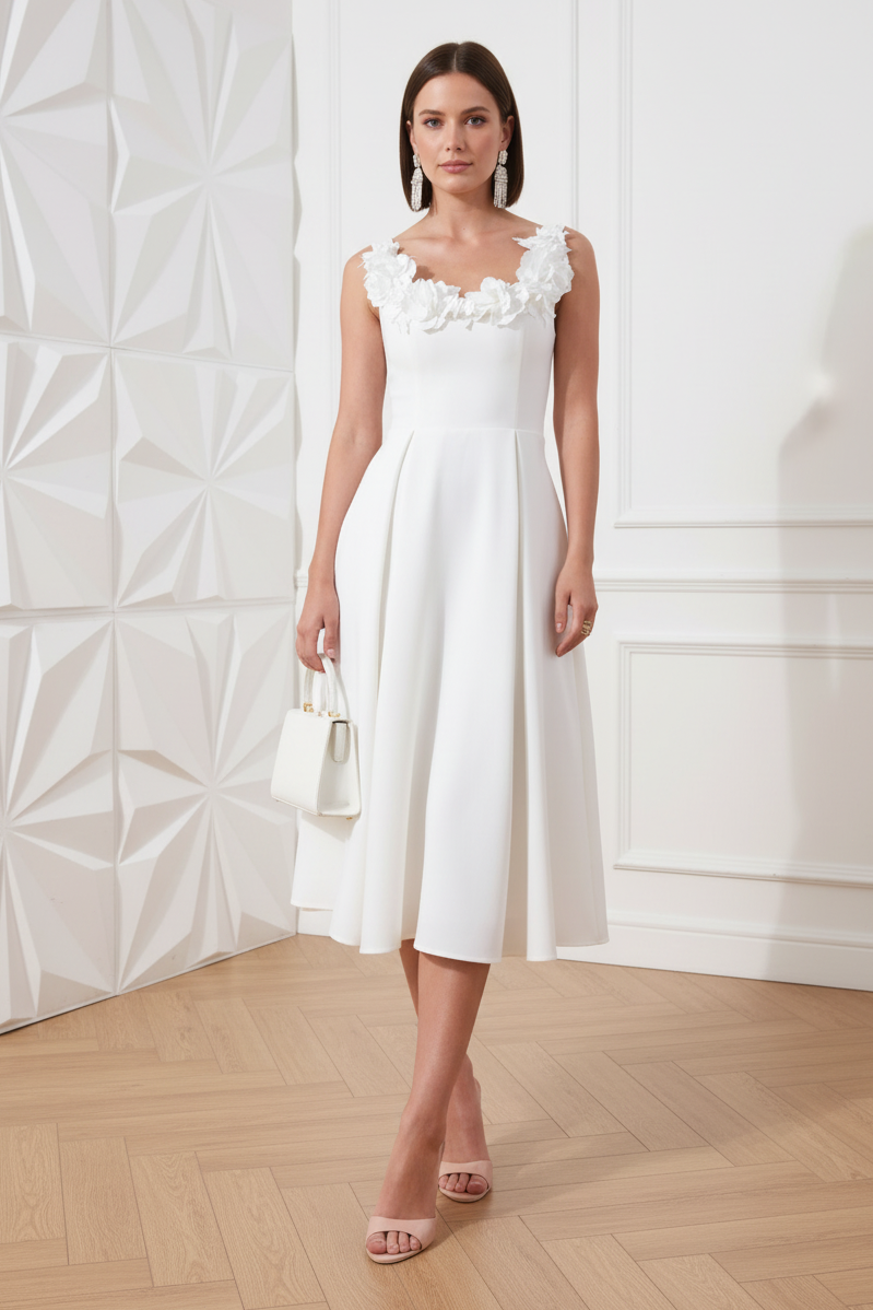 White Scoop-Neck Midi Dress A-Line Cocktail Dress