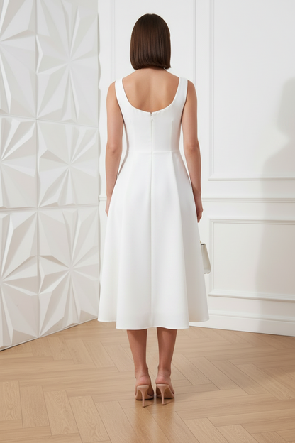 White Scoop-Neck Midi Dress A-Line Cocktail Dress
