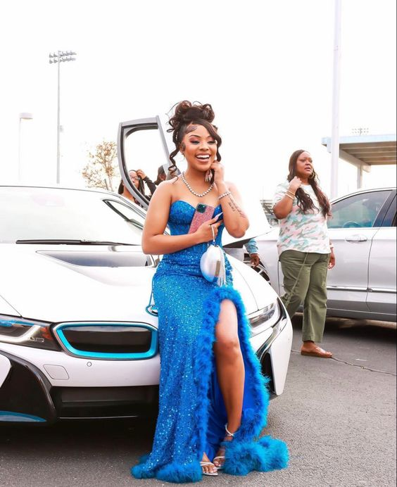 Royal Blue Strapless Mermaid Slit Prom Dress Evening Party Dress for Black Girl