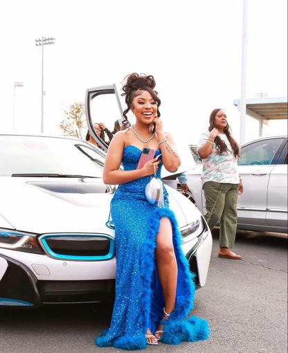 Royal Blue Strapless Mermaid Slit Prom Dress Evening Party Dress for Black Girl