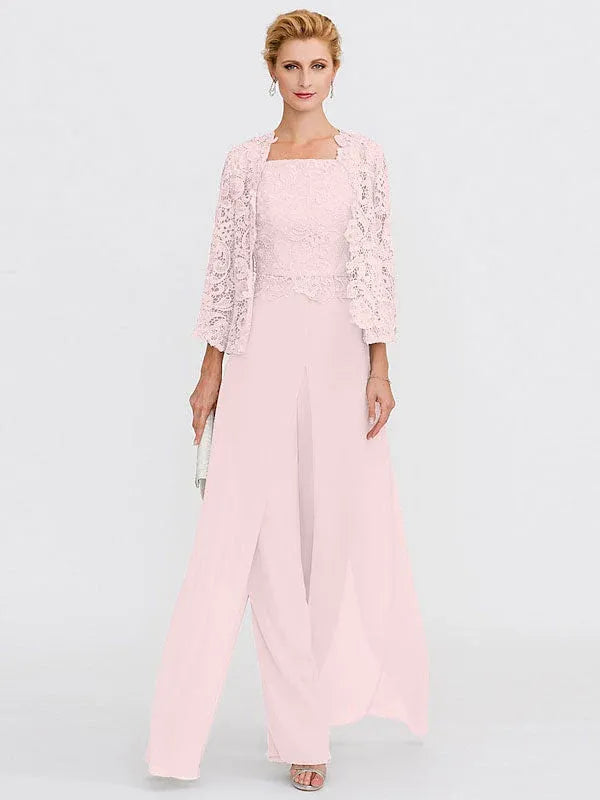 3 Piece Chiffon Square Neck Mother of the Bride Pantsuits with Jacket