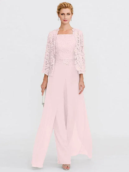 3 Piece Chiffon Square Neck Mother of the Bride Pantsuits with Jacket