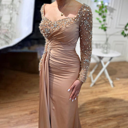 Caramel Satin Mermaid Elegance: Heartsweet Overskirt Beaded Evening Dresses for Women's Party